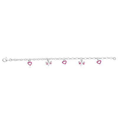 Sterling Silver Heart and Dragonfly Pink Enamel 16cm Bracelet