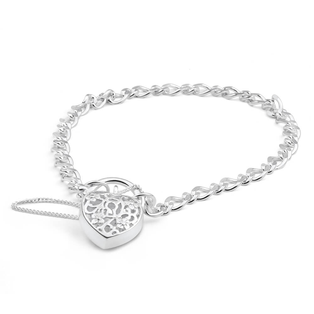 Sterling Silver Filigree Heart Figaro Padlock Bracelet
