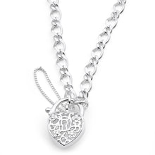 Load image into Gallery viewer, Sterling Silver Filigree Heart Figaro Padlock Bracelet