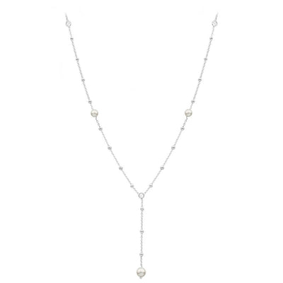 Sterling Silver Ball Link Simulated Pearl + Zirconia Y Chain