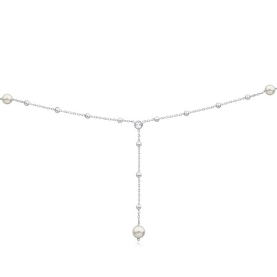 Sterling Silver Ball Link Simulated Pearl + Zirconia Y Chain