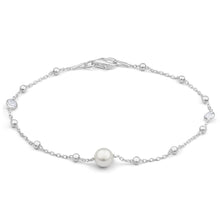 Load image into Gallery viewer, Sterling Silver Simulated Pearl + Zirconia Fancy Bracelet 19cm