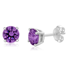Load image into Gallery viewer, Sterling Silver Zirconia Round 6.55mm Purple Stud Earrings