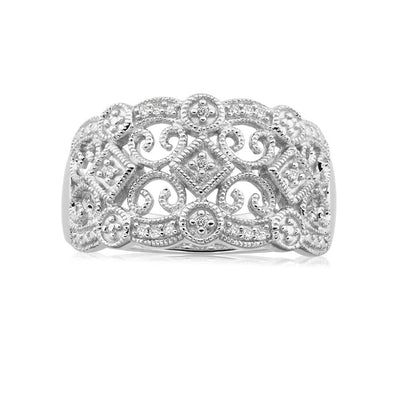 Filigree Diamond Ring with 17 Diamonds in Sterling Silver
