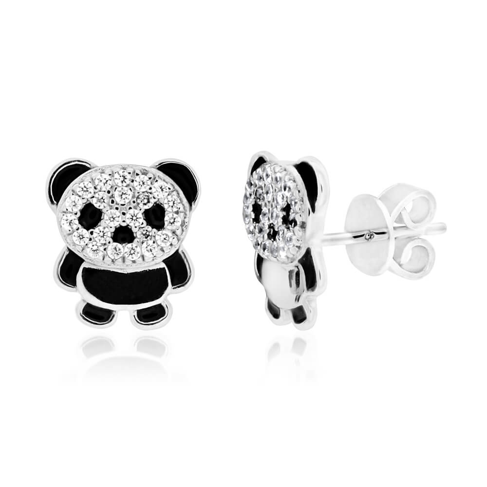 Sterling Silver Cubic Zirconia Fancy Panda Stud Earrings