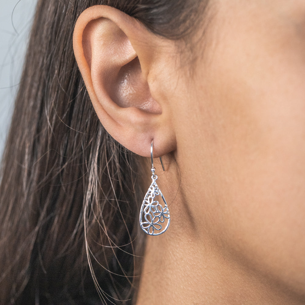 Sterling Silver Fancy Flower Drop Earrings