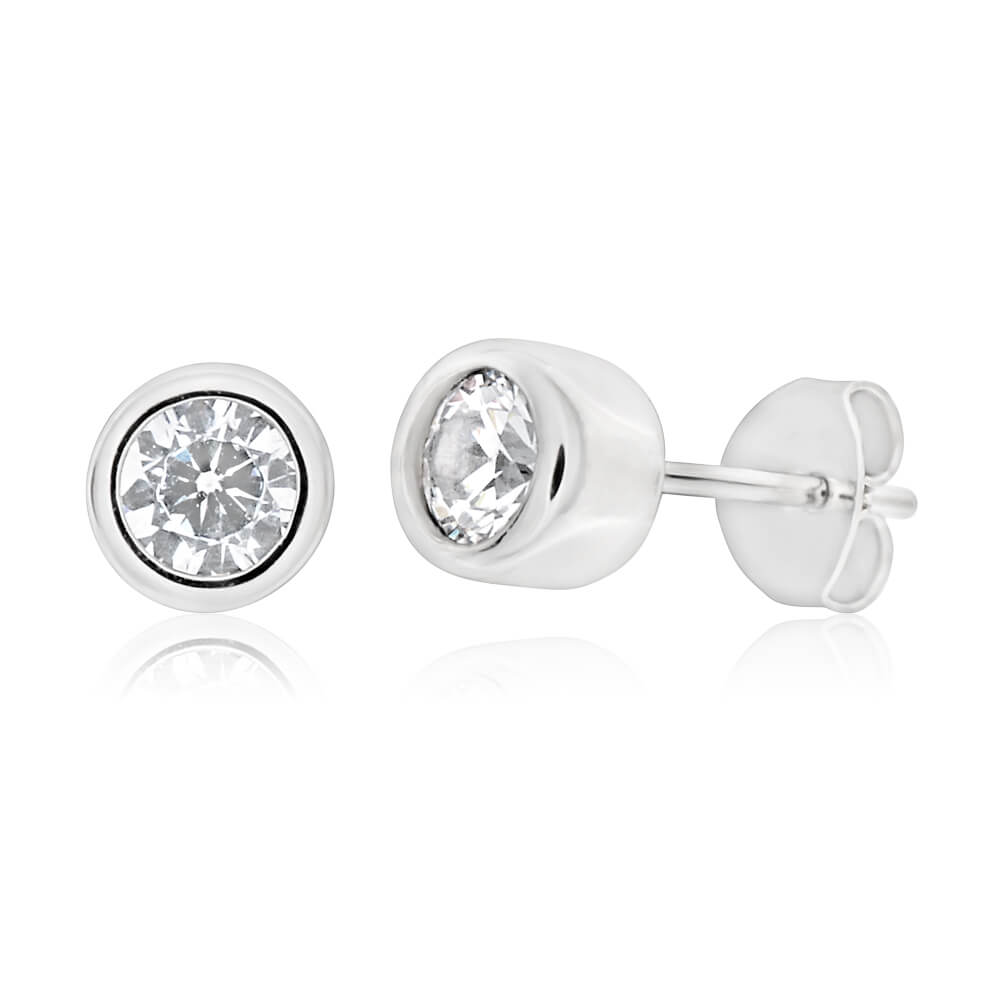 Sterling Silver Rhodium Plated Cubic Zirconia Cylinder Stud Earrings
