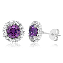 Load image into Gallery viewer, Sterling Silver Rhodium Plated Purple Zirconia + White Zirconia Stud Earrings
