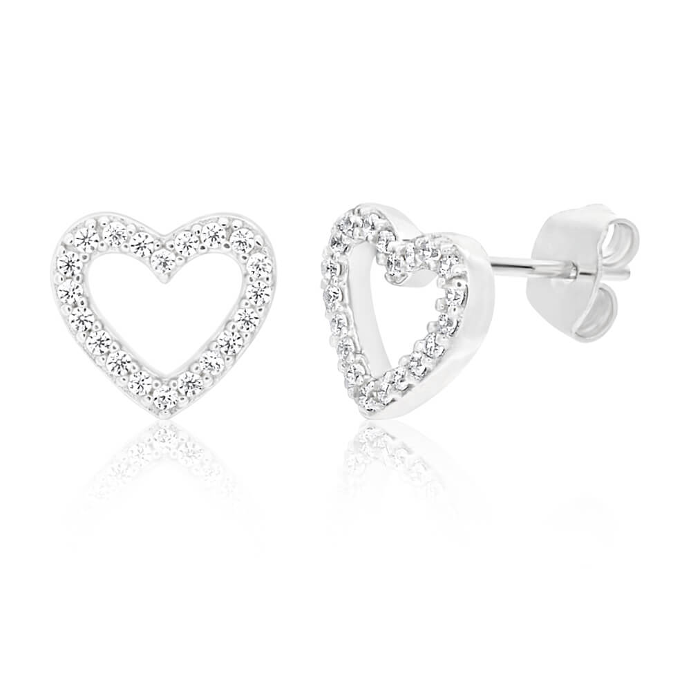 Sterling Silver Cubic Zirconia Open Heart Stud Earrings