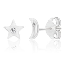 Load image into Gallery viewer, Sterling Silver Cubic Zirconia Moon and Star Stud Earrings