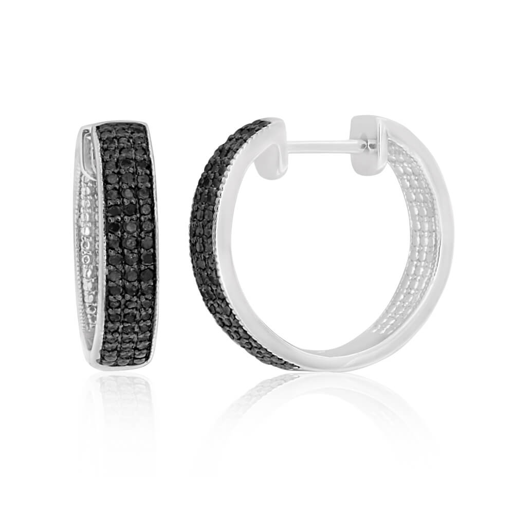 1/2 Carat Black Diamond Hoop Earrings set in Sterling Silver