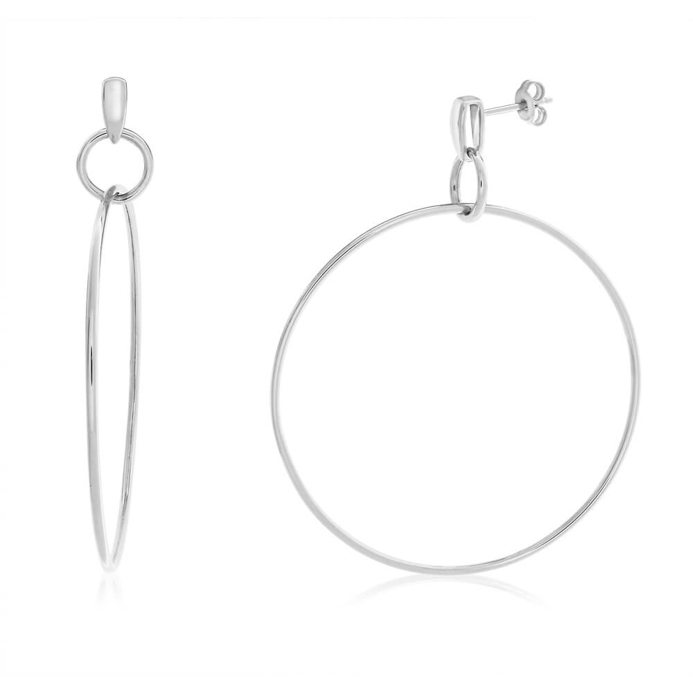 Sterling Silver Rhodium Plated Fancy Hoop Earrings