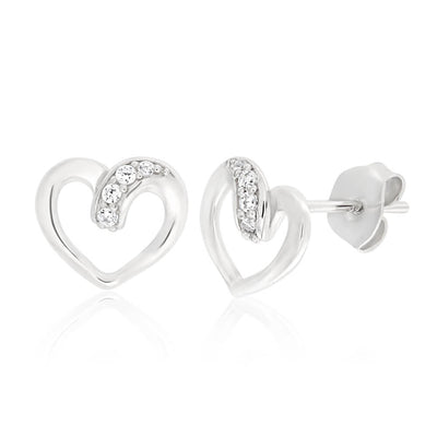 Sterling Silver Rhodium Plated Cubic Zirconia Open Heart Stud Earrings