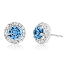 Load image into Gallery viewer, Sterling Silver Aqua Cubic Zirconia + White Cubic Zirconia Stud Earrings