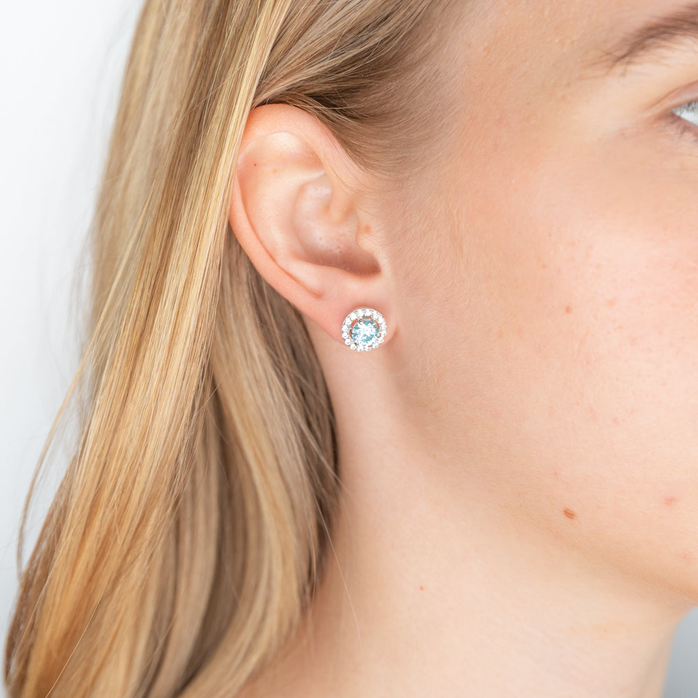 Sterling Silver Aqua Cubic Zirconia + White Cubic Zirconia Stud Earrings