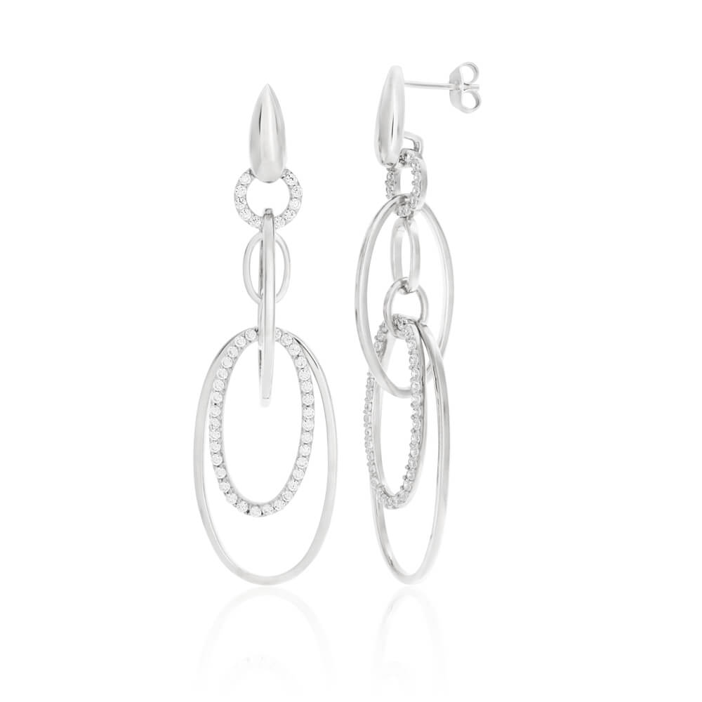 Sterling Silver Rhodium Plated Cubic Zirconia Multi Hoops Drop Earrings