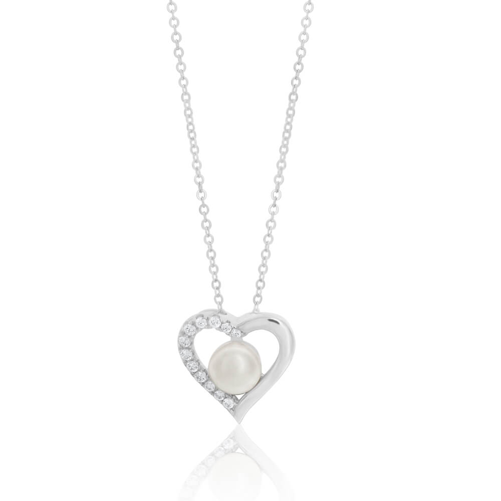 Sterling Silver Freshwater Pearl and Cubic Zirconia Heart Pendant