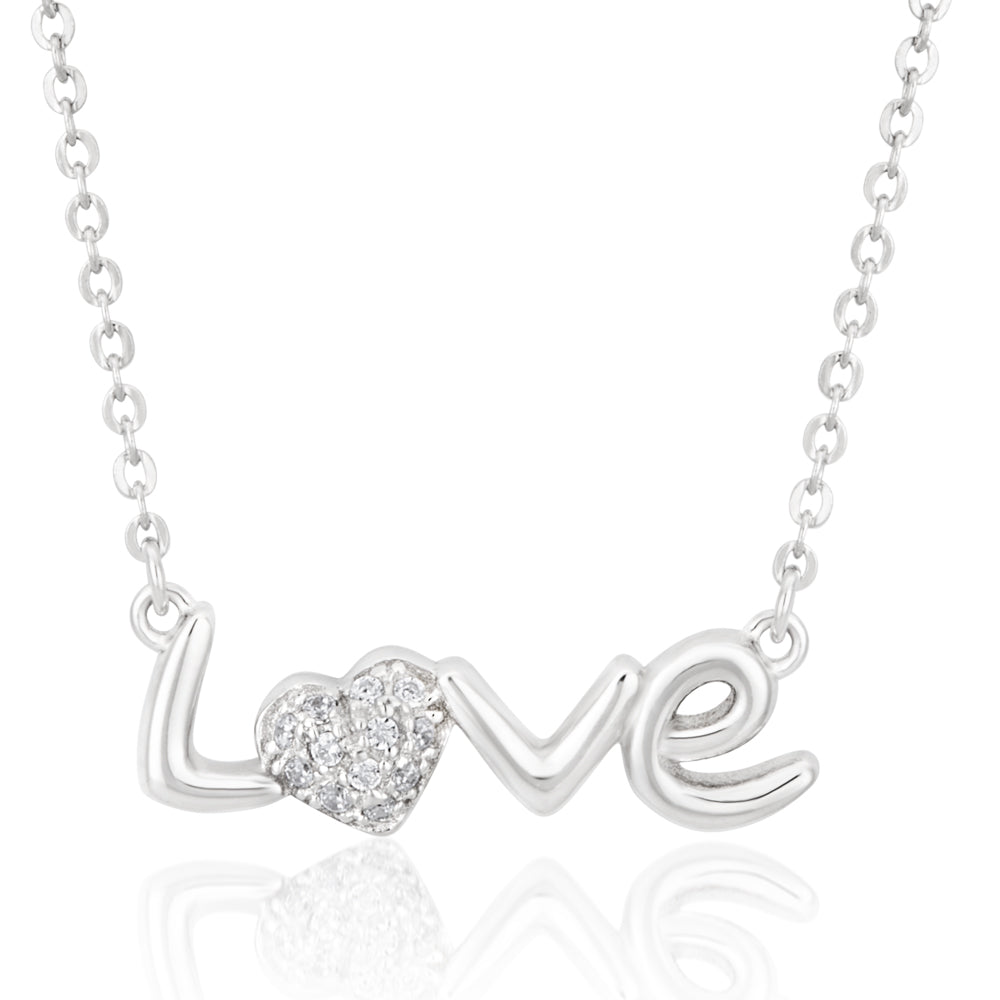 Sterling Silver Rhodium Plated Cubic Zirconia Heart Love Pendant With 42 + 3cm Chain