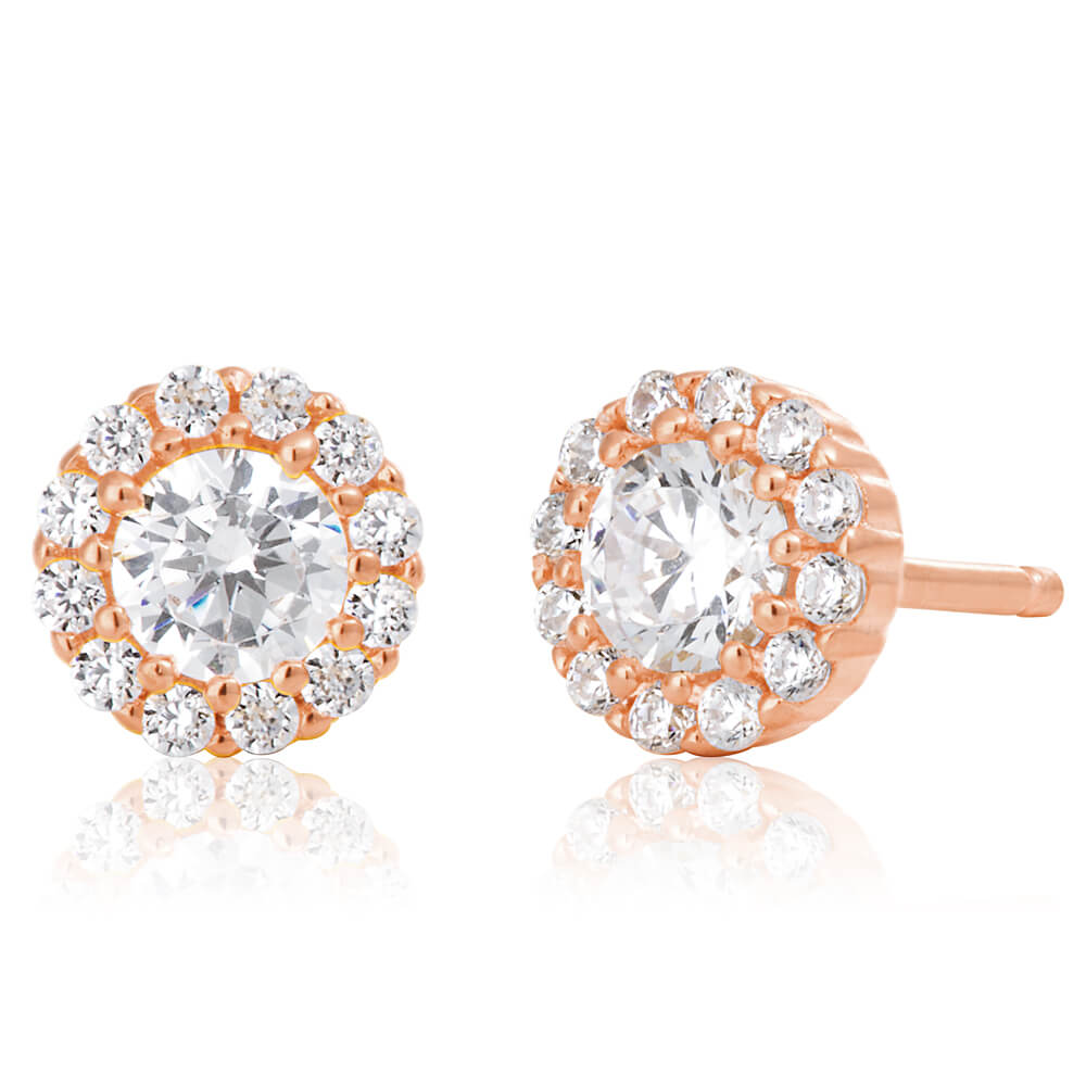 Sterling Silver Rose Gold Plated Cubic Zirconia Brilliant Cut Halo Stud Earrings