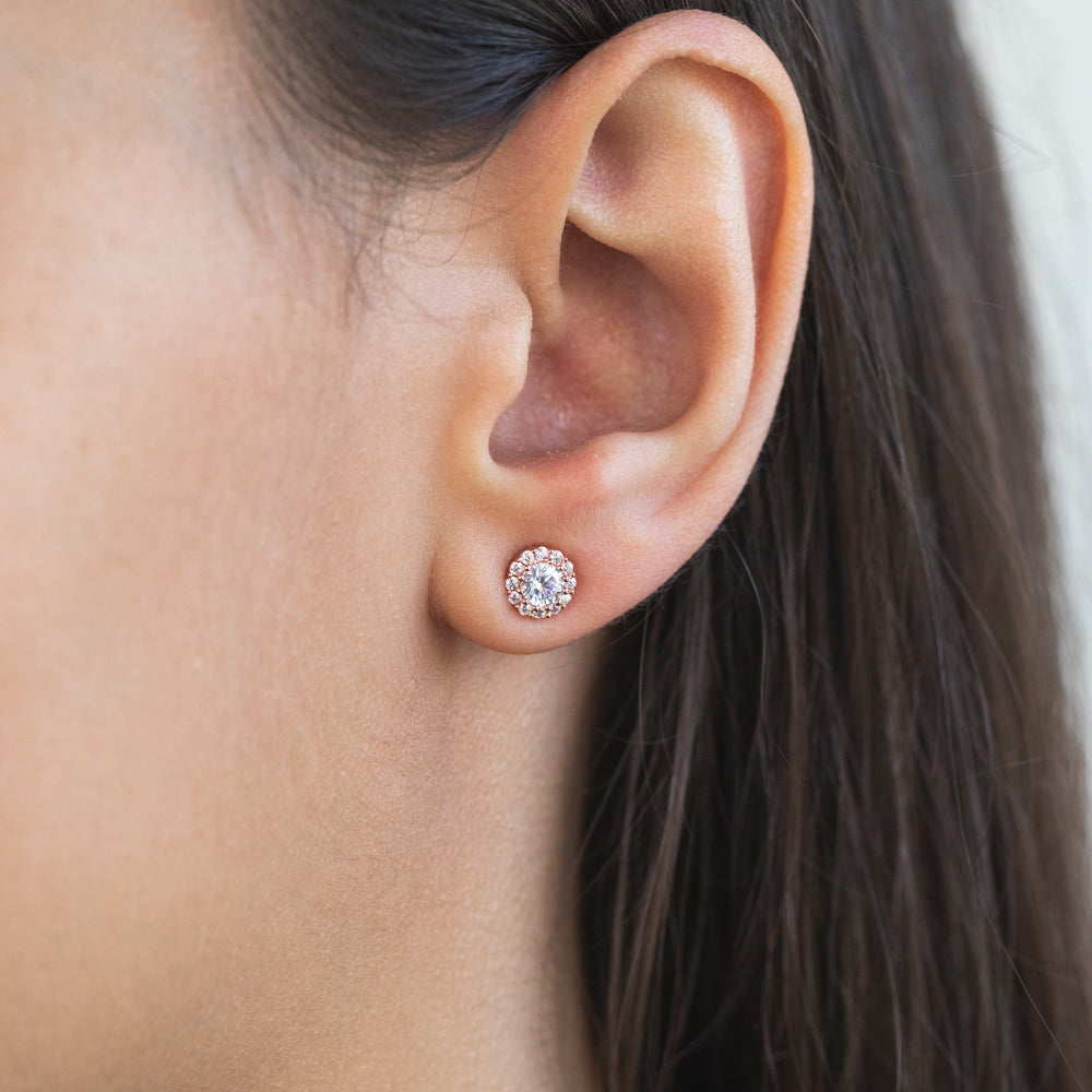 Sterling Silver Rose Gold Plated Cubic Zirconia Brilliant Cut Halo Stud Earrings