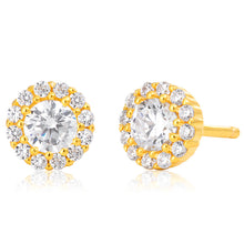 Load image into Gallery viewer, Gold Plated Sterling Silver Cubic Zirconia Brilliant Cut Halo Fancy Stud Earrings