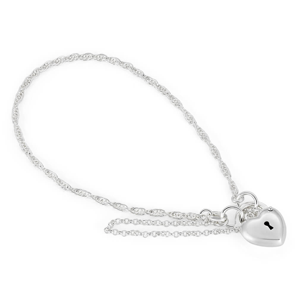 Sterling Silver Rope Puff Heart Padlock Bracelet