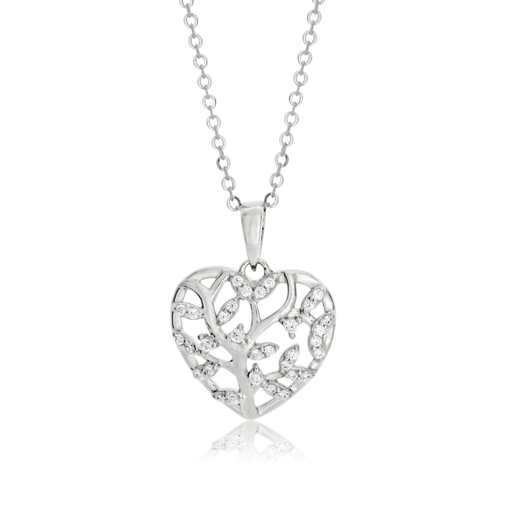 Sterling Silver Rhodium Plated Cubic Zirconia Tree of Life  Haert Pendant With 40 + 5cm Chain