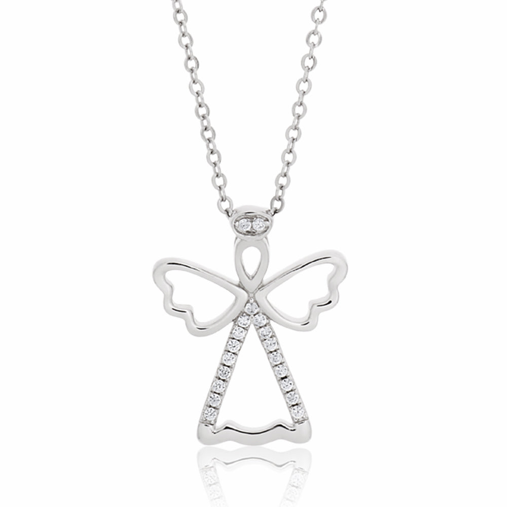 Sterling Silver Rhodium Plated Cubic Zirconia Angel Pendant With 42 + 3cm Chain