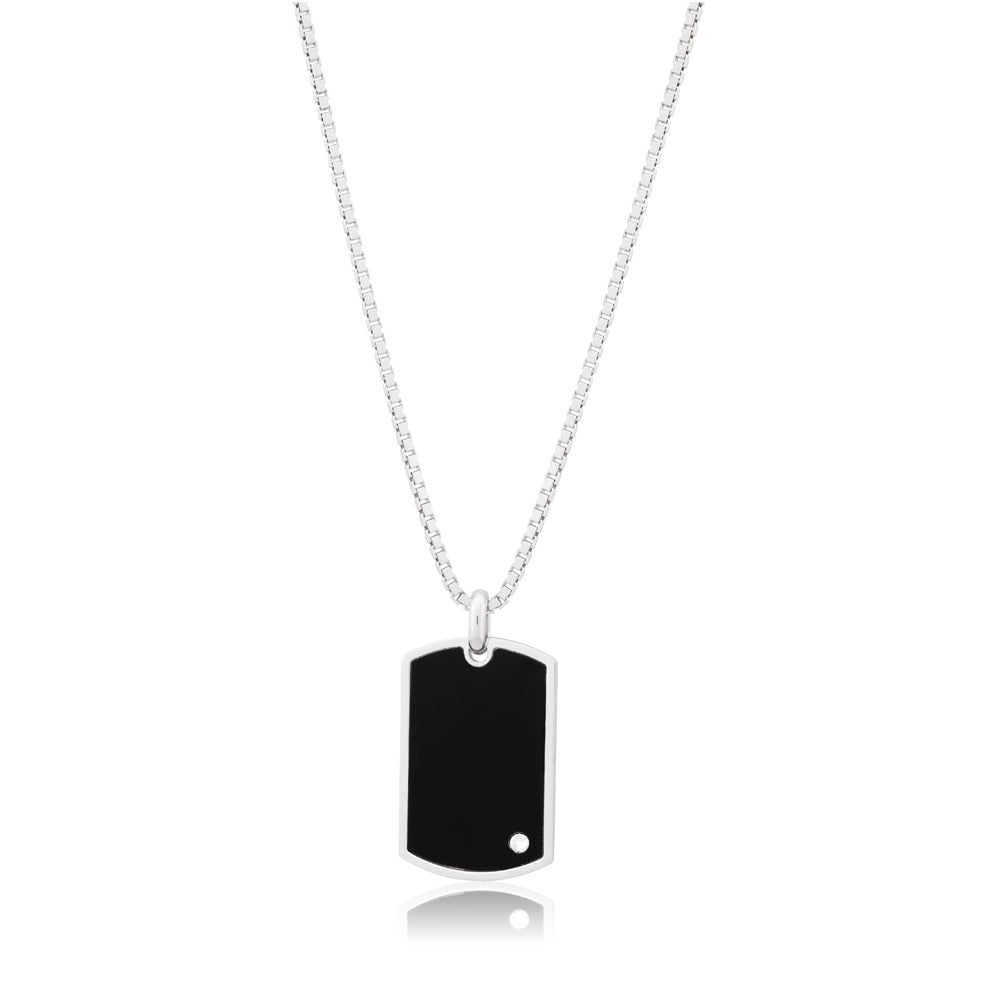 Sterling Silver Rhodium Plated Black and Zirconia Dog Tag Pendant