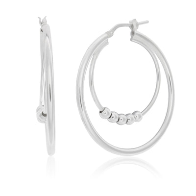 Sterling Silver 30mm Double Hoop with Fancy Beads Earrings