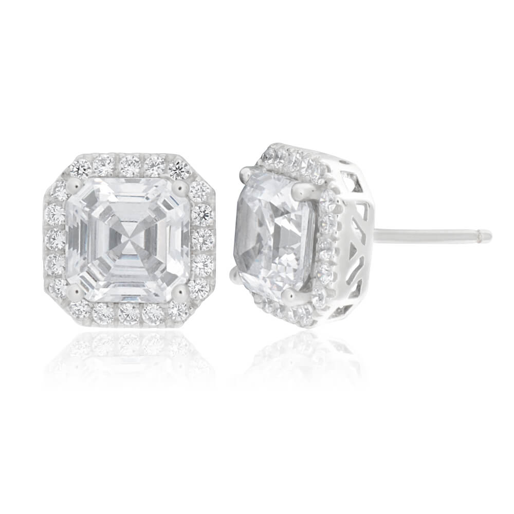 Sterling Silver Cubic Zirconia Octagon Step Cut 7mm Halo Stud Earrings