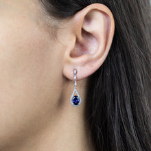 Load image into Gallery viewer, Sterling Silver Rhodium Plated Created Sapphire and Zirconia Drop Earrings