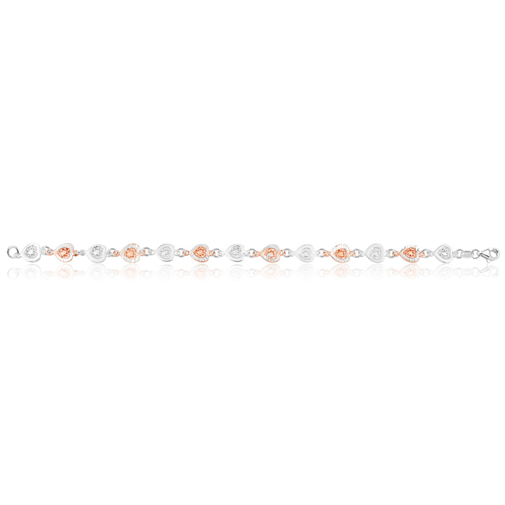 Sterling Silver Rose Gold Plated Fancy Heart Bracelet 19cm