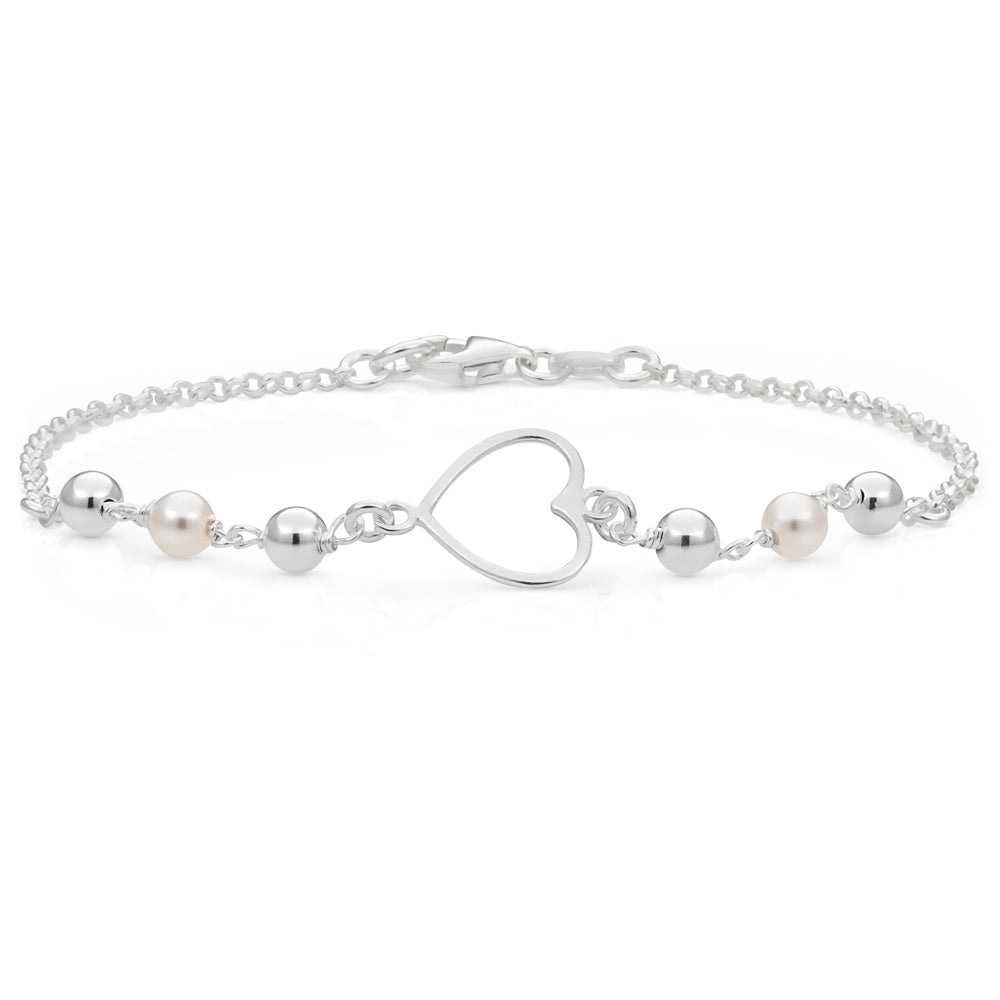 Sterling Silver Heart and Simulated Pearl Fancy Bracelet 19cm