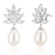 Load image into Gallery viewer, Sterling Silver Rhodium Plated Freshwater Pearl and Zirconia Earrings