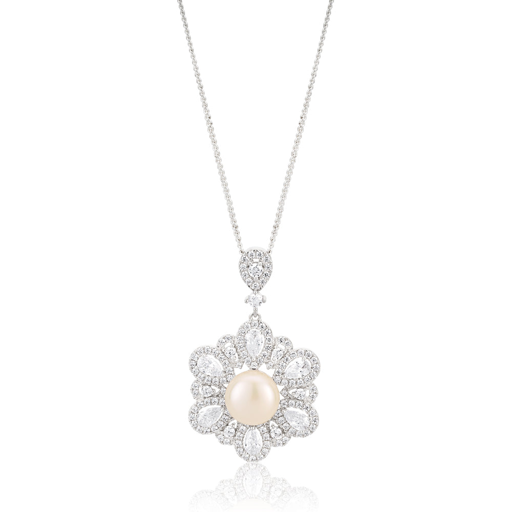 Sterling Silver Rhodium Plated Freshwater Pearl and Zirconia Pendant