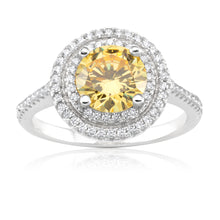 Load image into Gallery viewer, Sterling Silver Yellow Cubic Zirconia Solitaire Pendant Chain and Halo Ring Set