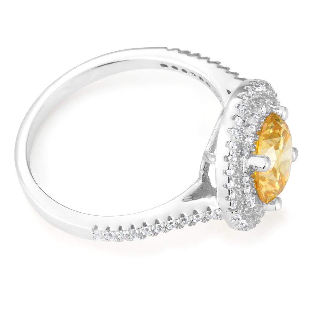 Sterling Silver Yellow Cubic Zirconia Solitaire Pendant Chain and Halo Ring Set