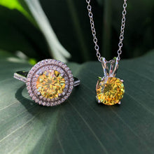 Load image into Gallery viewer, Sterling Silver Yellow Cubic Zirconia Solitaire Pendant Chain and Halo Ring Set
