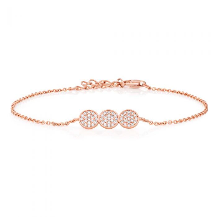 Sterling Silver Rose Gold Plated Cubic Zirconia Pave Trio Disc Bracelet 16+3cm