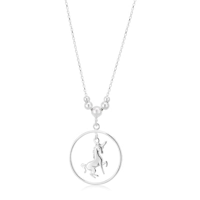 Sterling Silver 40cm Unicorn in Circle Pendant