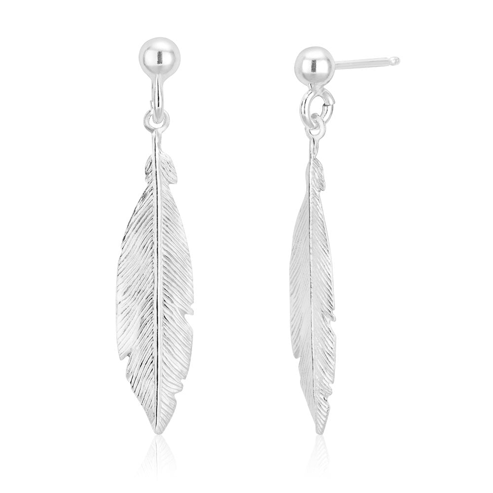 Sterling Silver Feather Drop Stud Earrings - Main Image