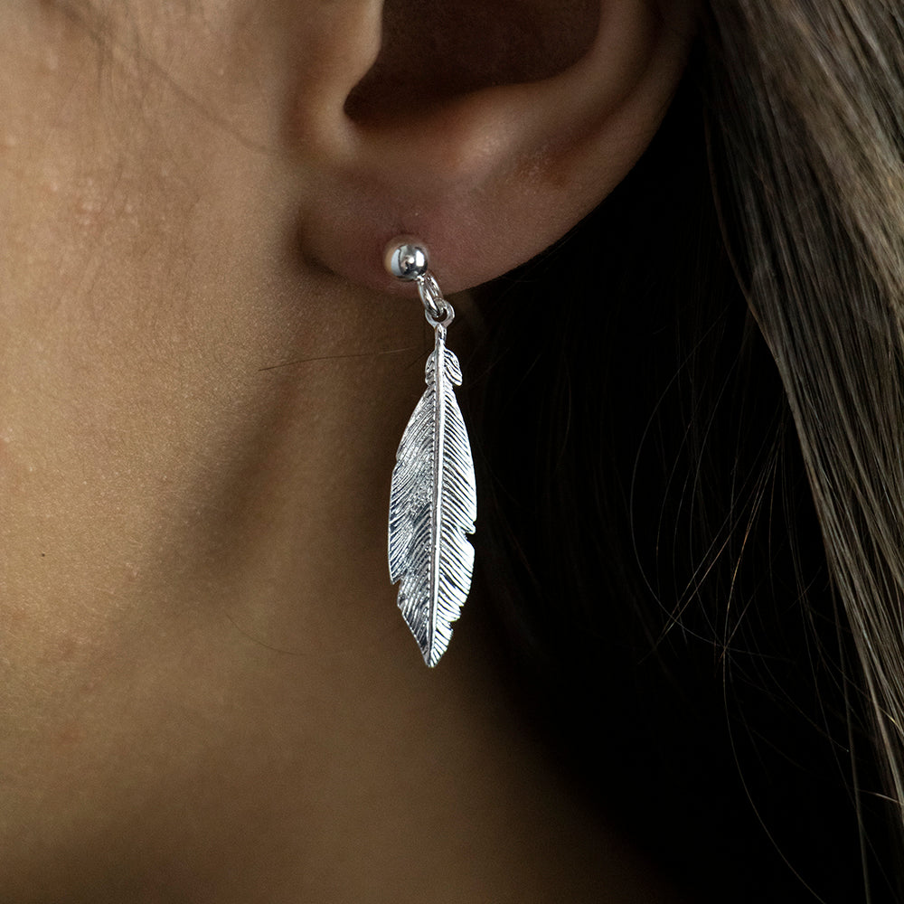 Sterling Silver Feather Drop Stud Earrings