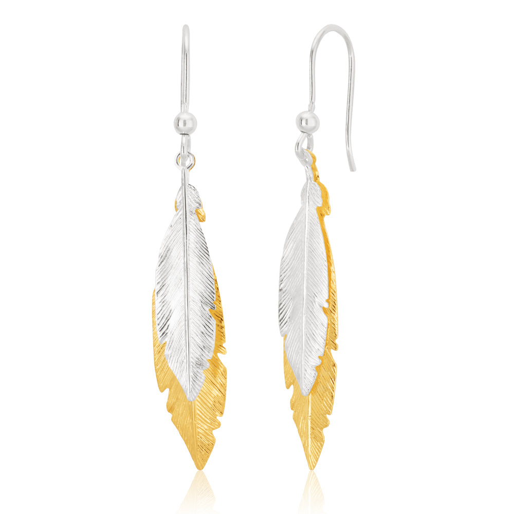 Sterling Silver and Gold Plate Multi Feather Two Tone Drop Hook Earrings