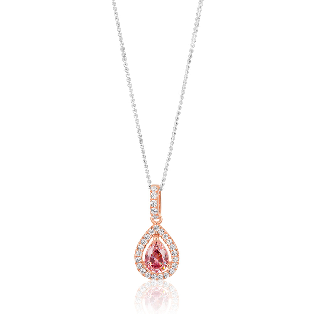 Sterling Silver Rose Plated Zirconia Pear Pendant
