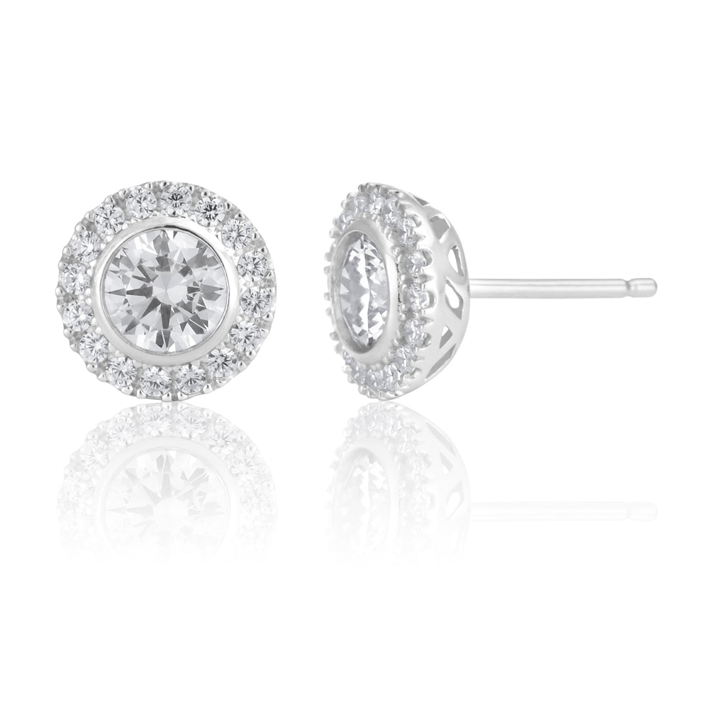 Sterling Silver Round Halo Zirconia Stud Earrings