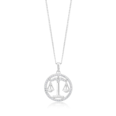Sterling Silver Cubic Zirconia Libra Horoscope Round 19mm x 26mm Pendant