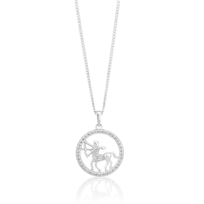 Sterling Silver Cubic Zirconia Sagitarius Horoscope Round 19mm x 26mm Pendant
