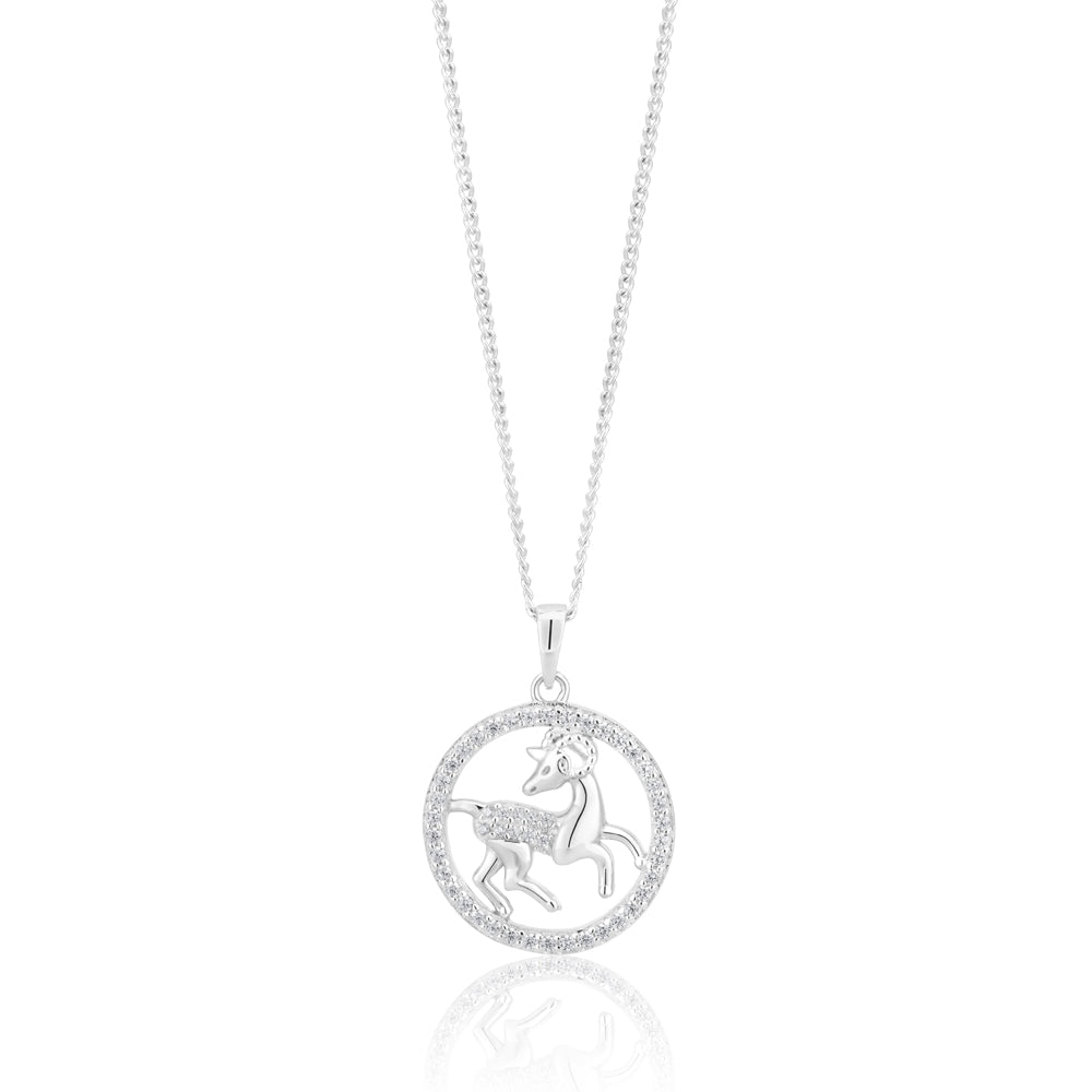 Sterling Silver Cubic Zirconia Capricorn Horoscope Round 19mm x 26mm Pendant