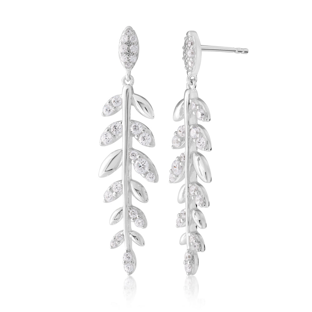 Sterling Silver Zirconia Leaf Drop Earrings